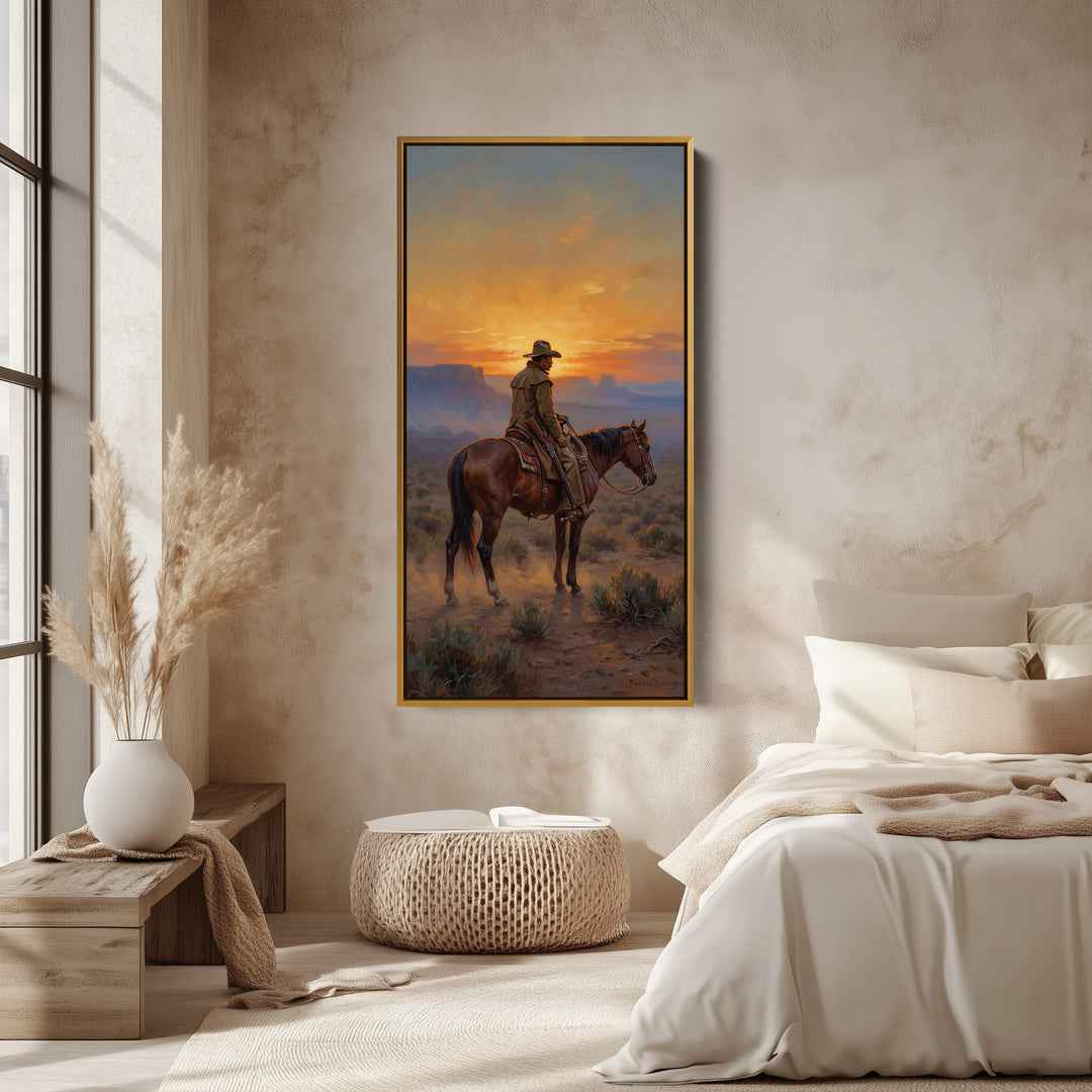 Tall Narrow Canvas Rider On Horse Desert Sunset Portrait Wall Art For Kitchen