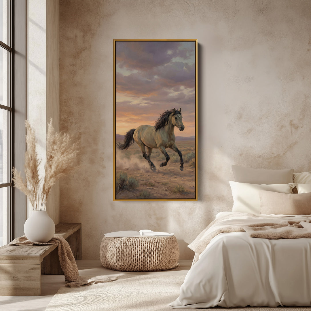 Running Horse In Desert Portrait Wall Art Framed Canvas Print For Office