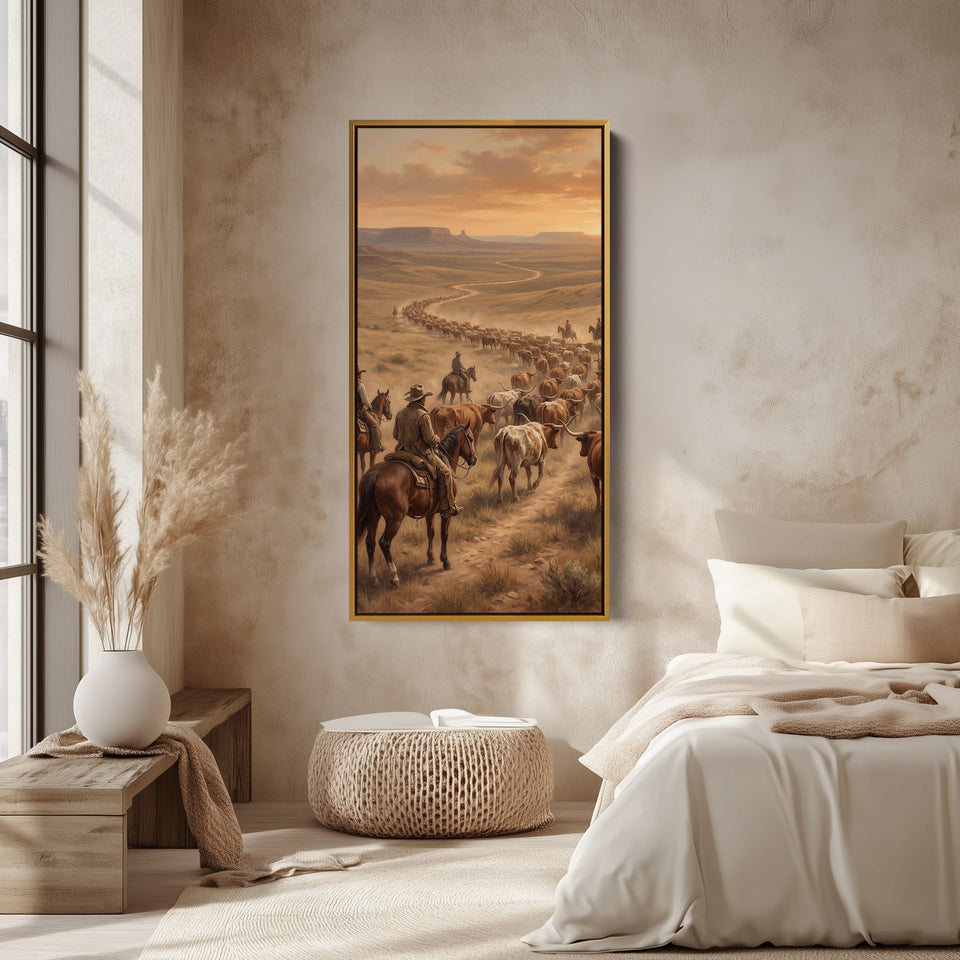 Large Vertical Wall Art Tall Framed Canvas Cattle Drive With Cowboys For Hallway