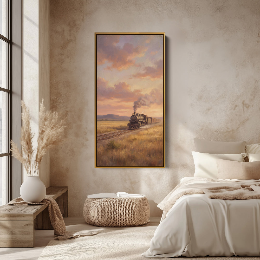 Narrow Wall Art Steam Train At Sunset Tall Canvas For Kitchen