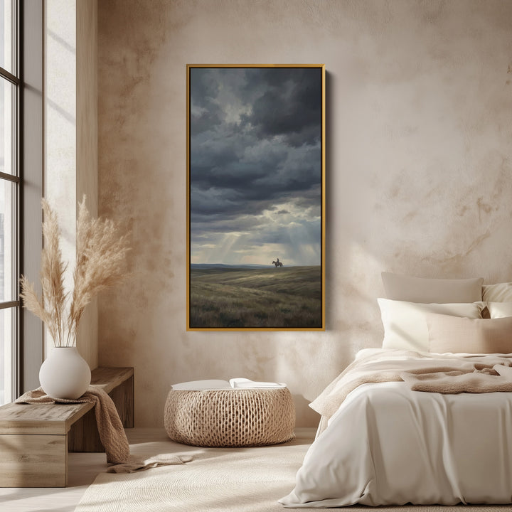 Storm Clouds With Lone Rider Tall Wall Art Framed Canvas Print For Office