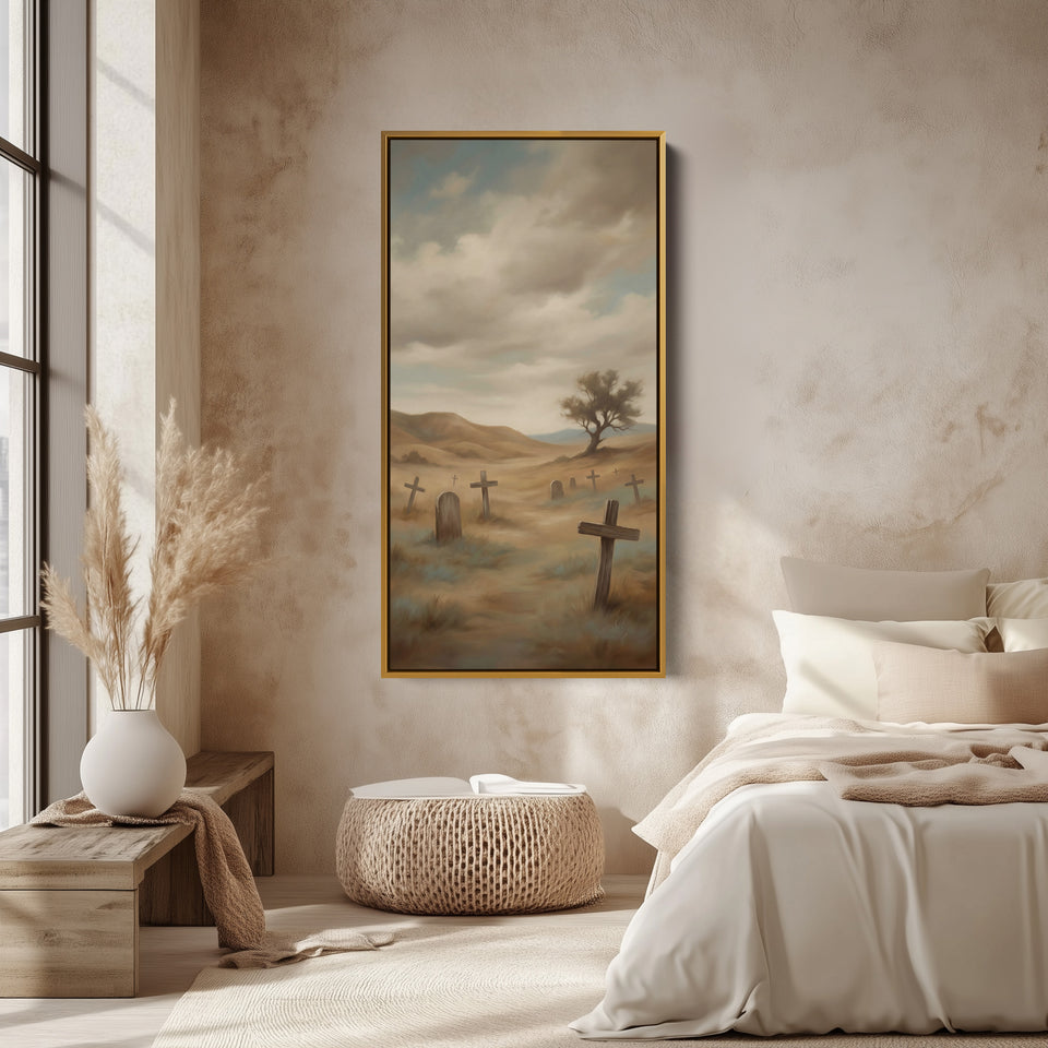 Large Vertical Wall Art Tall Narrow Canvas Graveyard Crosses In Mist For Office