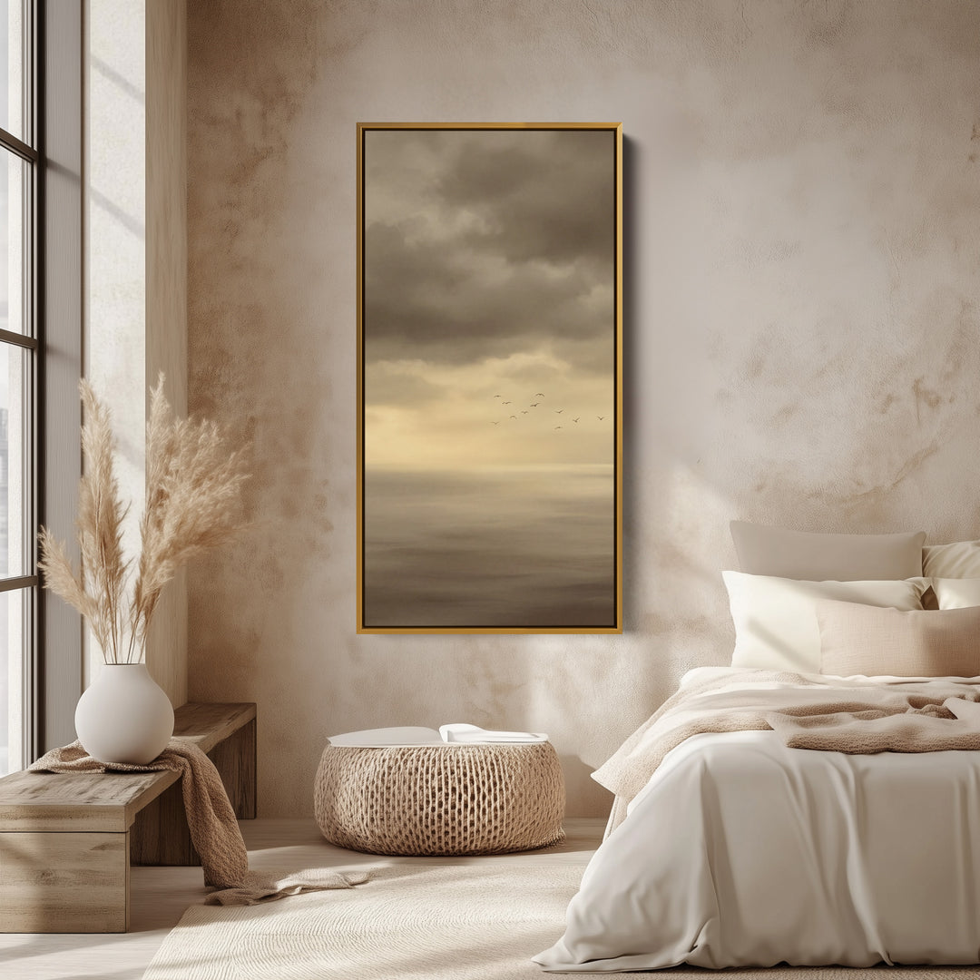 Tall Framed Canvas Foggy Seascape With Birds Tall Canvas For Living Room