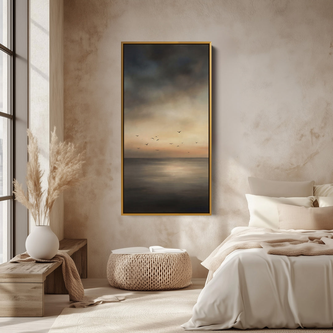 Dark Seascape Birds Sunset Long Wall Art Framed Canvas Print For Bedroom