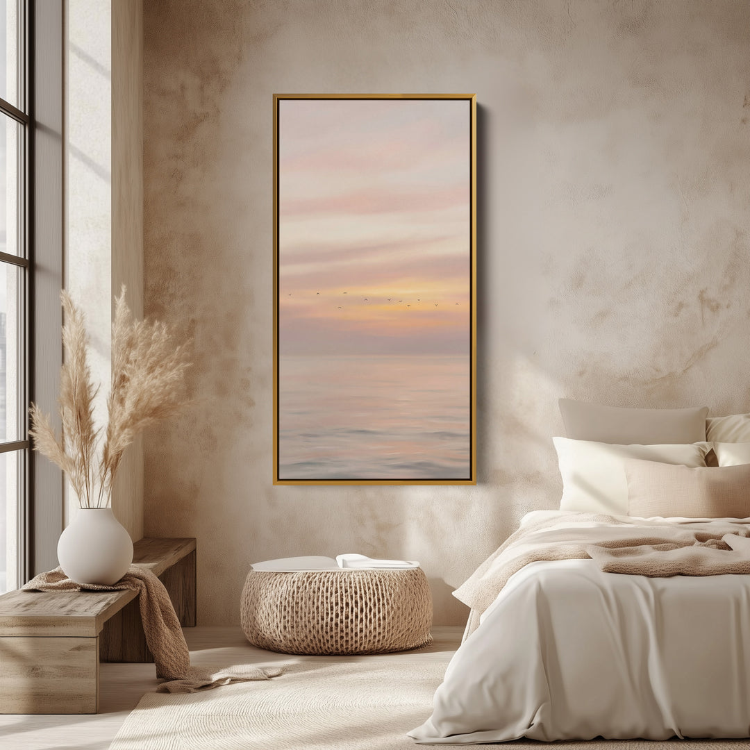 Narrow Wall Art For Office Pastel Seascape With Birds Vertical Canvas