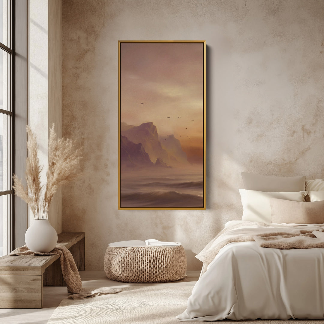 Misty Coastal Cliffs Birds Large Vertical Wall Art Framed Canvas Print For Bedroom