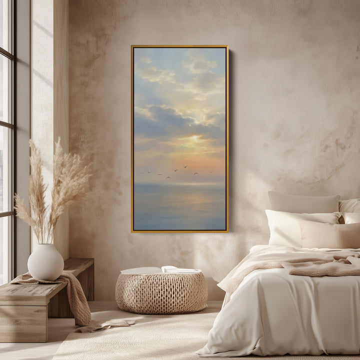 Vertical Wall Art Soft Sky Over Calm Sea Tall Canvas For Living Room