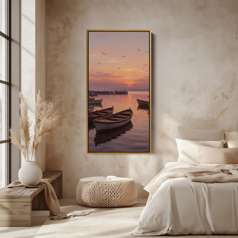 Boats Harbour Sunset Narrow Wall Art Framed Canvas Print For Bedroom