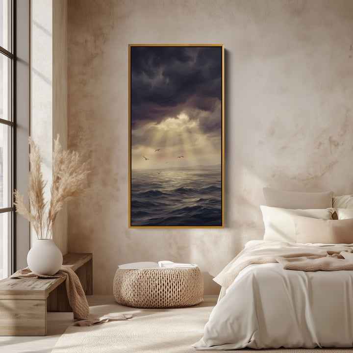 Tall Narrow Canvas For Office Storm Clouds Sunbeams Sea Vertical Canvas