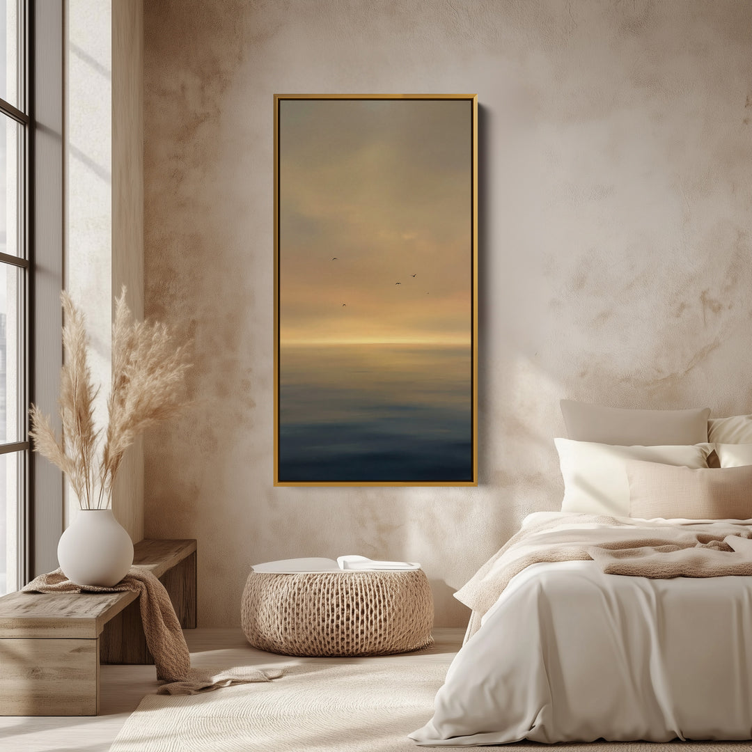Large Vertical Wall Art Golden Hazy Seascape Birds Portrait Wall Art For Kitchen