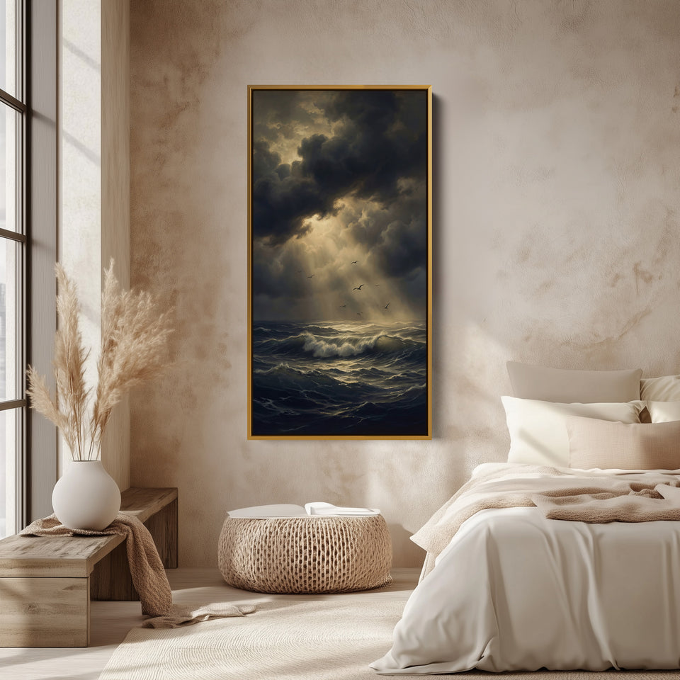 Dramatic Storm Ocean Sun Rays Tall Narrow Canvas Framed Canvas Print For Bedroom