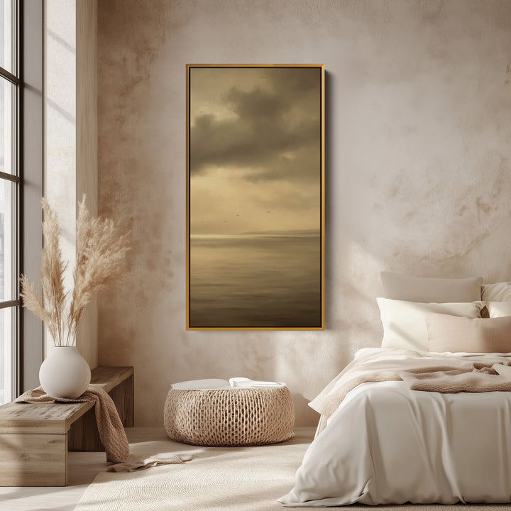 Tall Framed Canvas Muted Seascape With Birds Portrait Wall Art For Kitchen