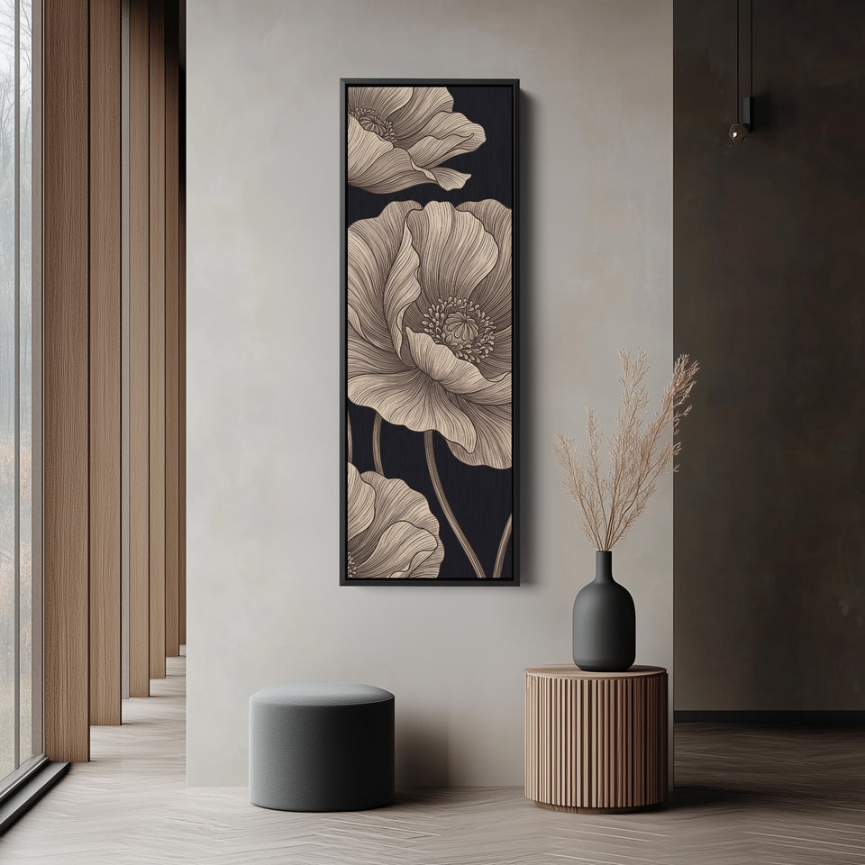 Vertical Wall Art Line Drawn Poppies on Black for Living Room tall vertical wall art in a black frame, in a narrow hallway
