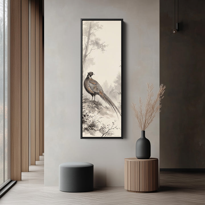 Pheasant in the Mist Vertical Wall Art Japanese Ink Style for Hallway tall vertical wall art in a black frame, in a narrow hallway