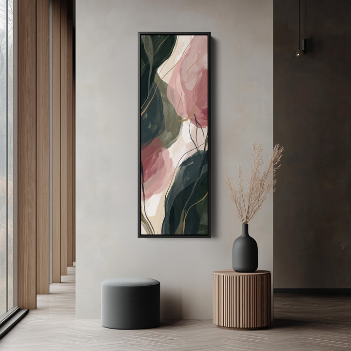 Blush Botanical Abstract Vertical Wall Art for Living Room tall vertical wall art in a black frame, in a narrow hallway