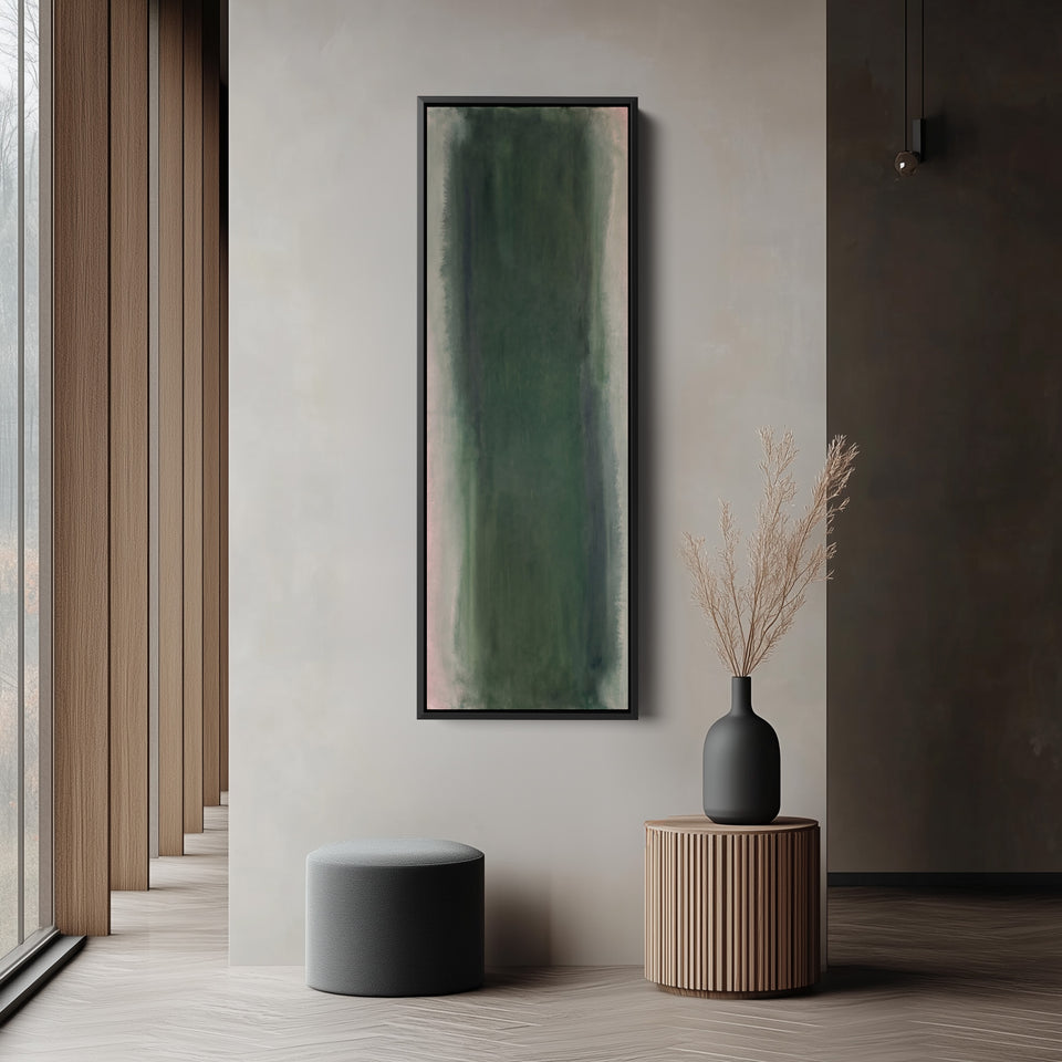 Vertical Wall Art Deep Green Colour Field Abstract for Office tall vertical wall art in a black frame, in a narrow hallway