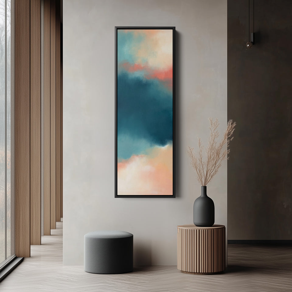 Teal Sky Colour Field Tall Wall Art for Living Room tall vertical wall art in a black frame, in a narrow hallway