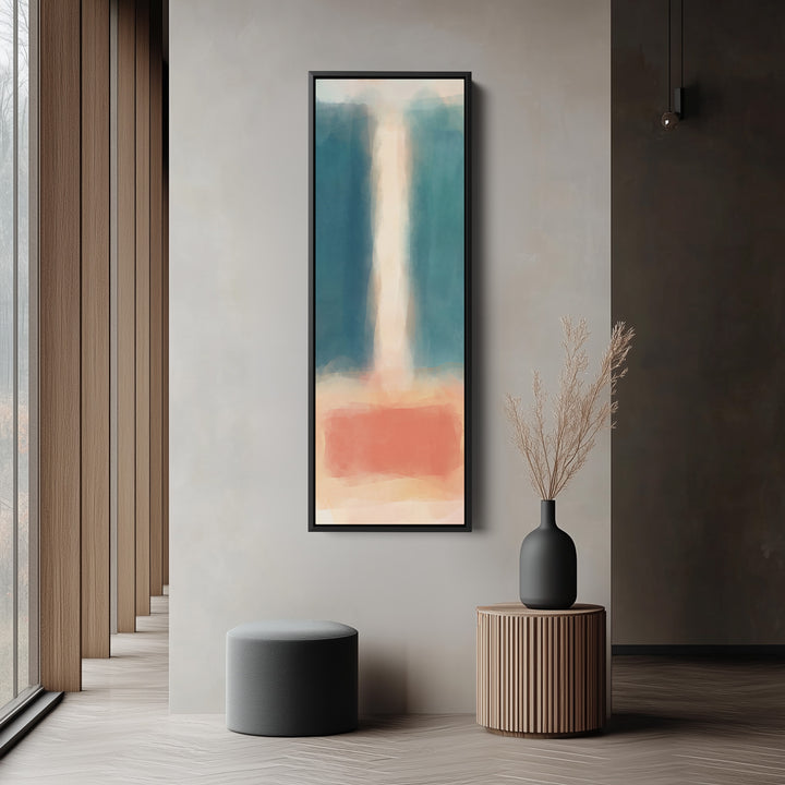 Teal and Peach Abstract Tall Narrow Wall Art for Bedroom tall vertical wall art in a black frame, in a narrow hallway