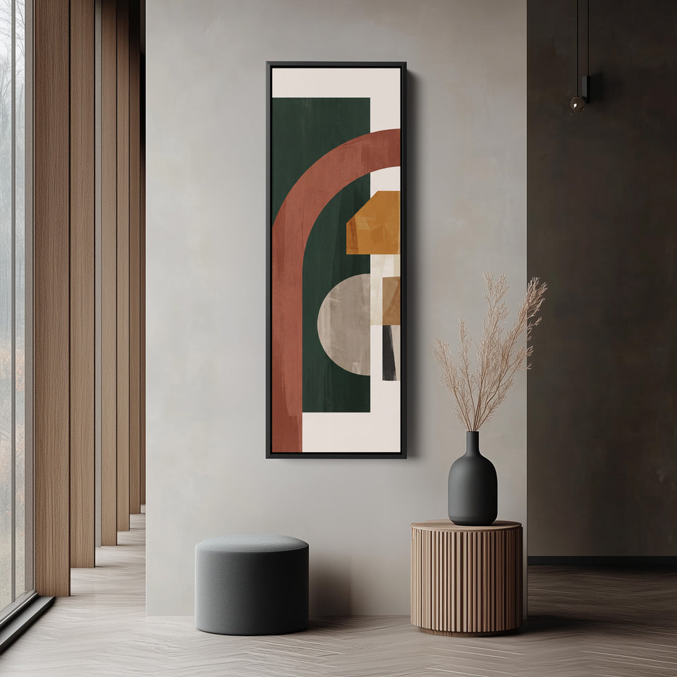 Long Narrow Wall Art Rust Arch on Forest Green Bauhaus for Office tall vertical wall art in a black frame, in a narrow hallway