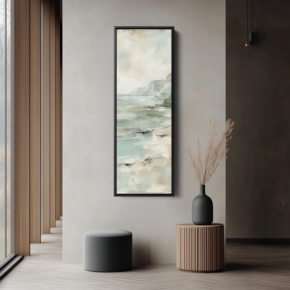 Calm Coastal Cliffs and Sea Tall Wall Art for Bedroom tall vertical wall art in a black frame, in a narrow hallway