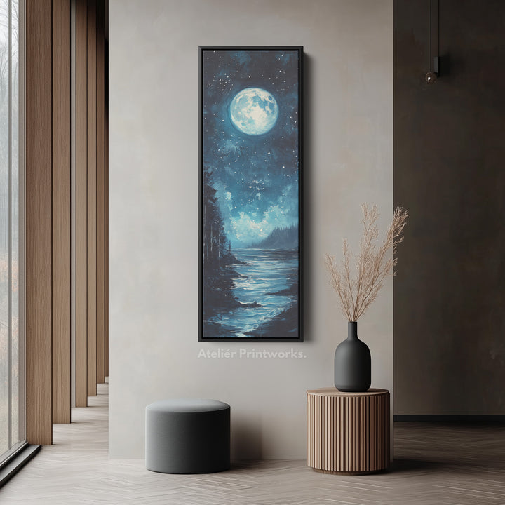 Moonlit Forest Night Vertical Narrow Long Wall Art Canvas