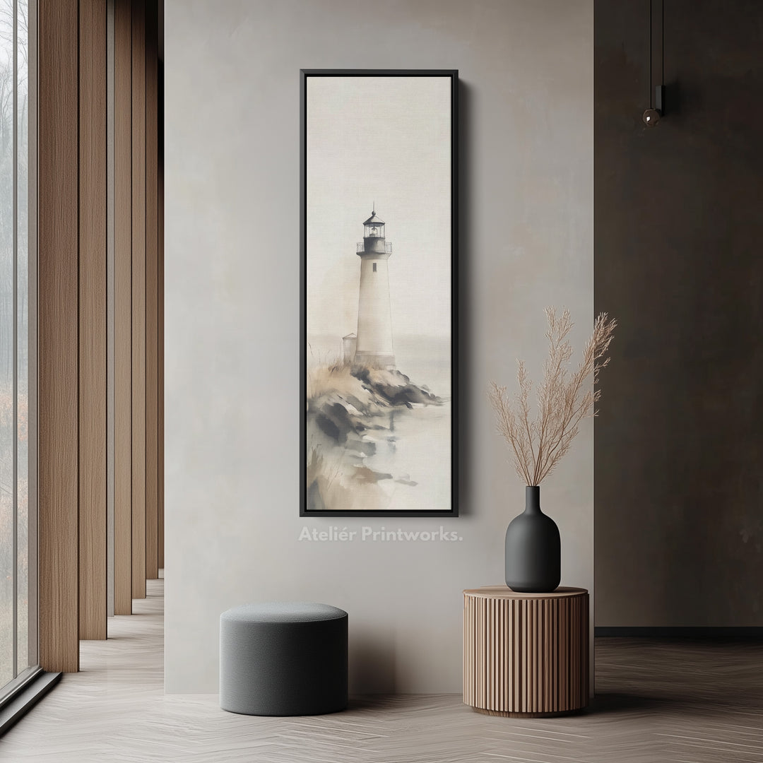 Grand tableau sur toile représentant un phare côtier, décor mural vertical, encadré.