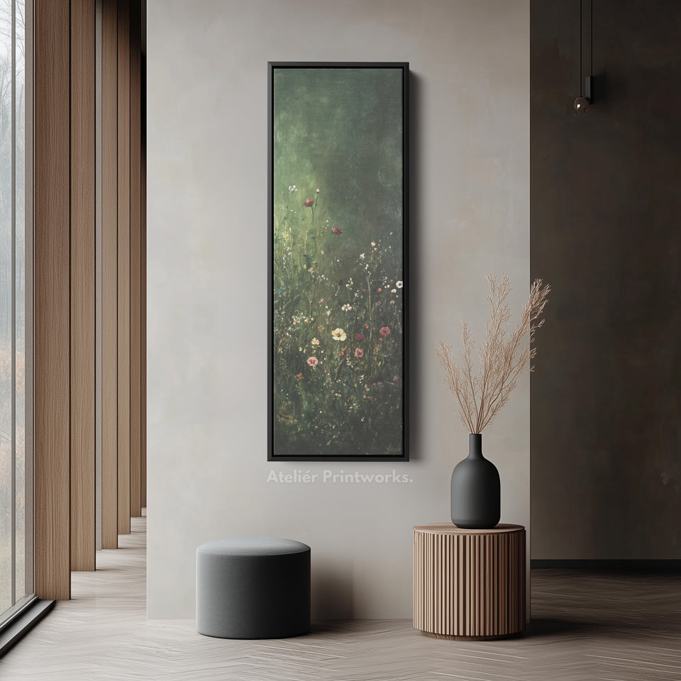 Vintage Wild Flowers Dark Green Vertical Wall Art - Tall Long Narrow Vertical Wall Decor