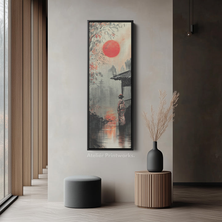 Japanese Geisha Long Narrow Framed Canvas Wall Art For Living Room
