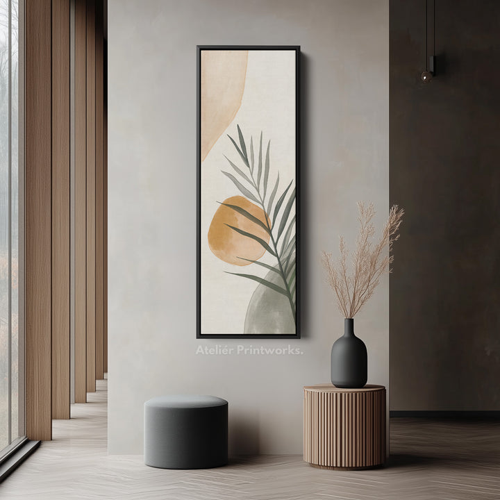 Vertical Beige & Green Botanical Abstract Long Framed Canvas