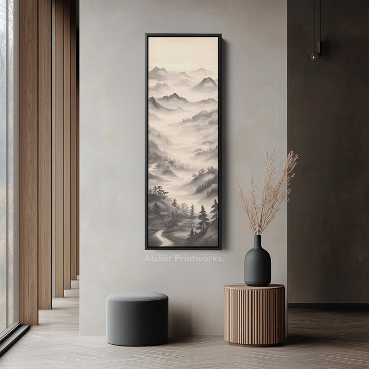 Vertical Chinese Landscape Painting Long Framed Canvas Decor