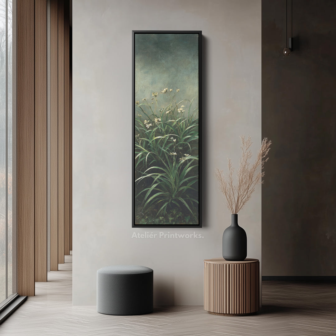 Flowers in Green Vertical Framed Canvas Art for Narrow Spaces