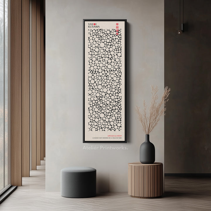 Yayoi Kusama Style Long Framed Canvas – Large Vertical Japanese Abstract Wall Art, Japandi Style, Japanese Poster Print