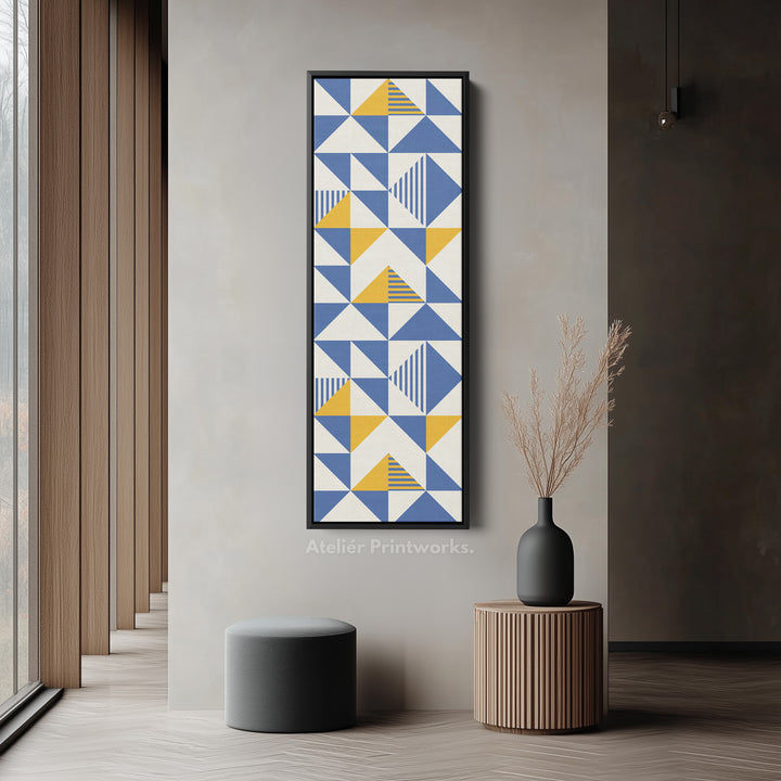 Retro Blue and Yellow Triangles Vertical Framed Canvas Wall Art for Bedroom or Hallway