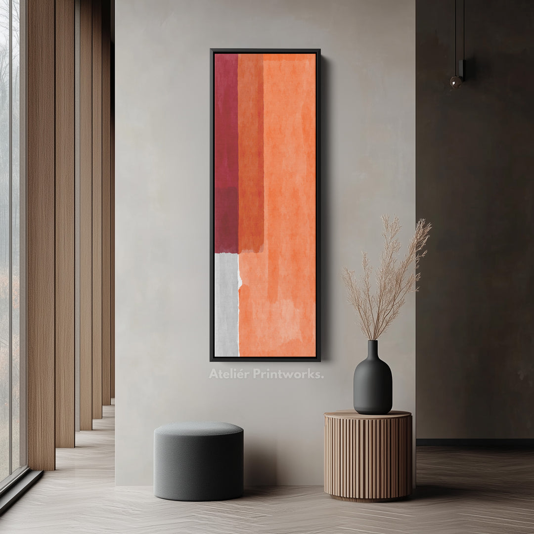 Toile encadrée verticale abstraite avec blocs rouges et orange pour salon ou chambre à coucher