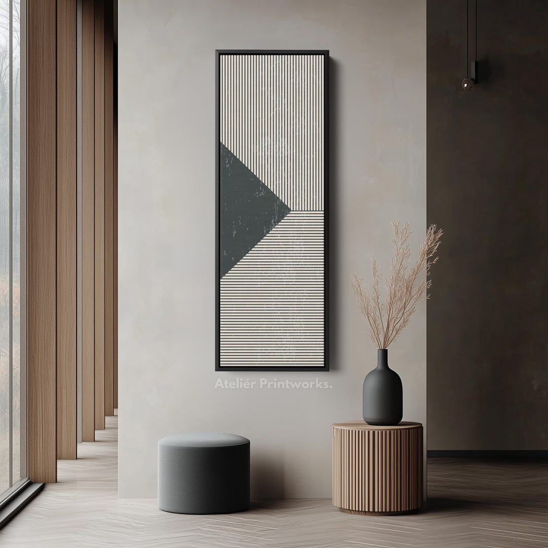 Minimalist Black and Beige Stripes Vertical Framed Canvas Wall Art for Hallway or Office