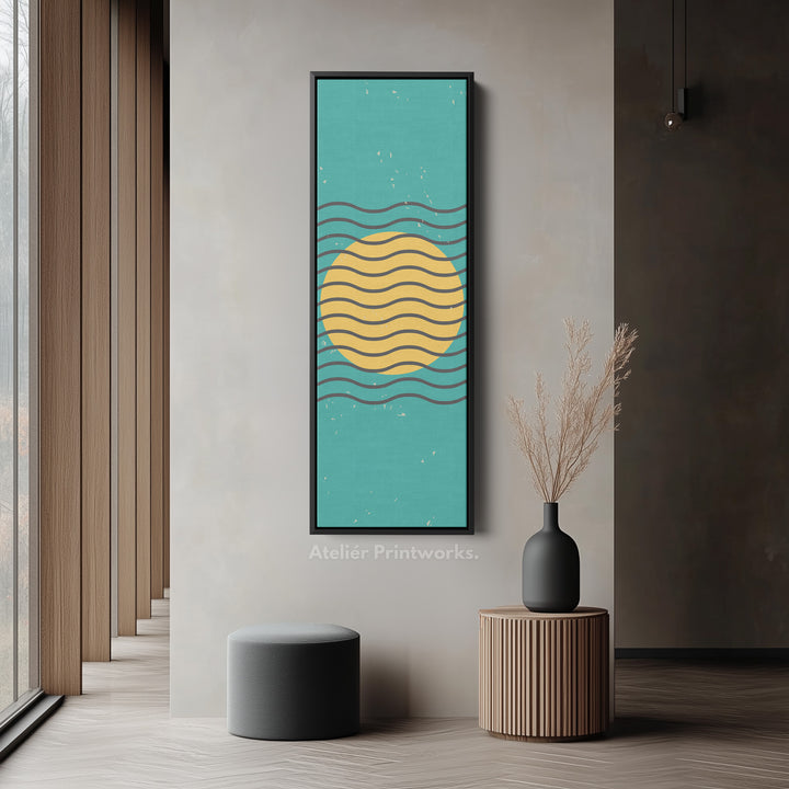 Teal and Yellow Minimalist Sun Vertical Framed Canvas Wall Art for Hallway or Bedroom