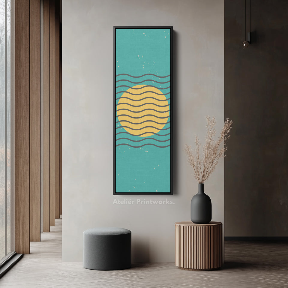 Teal and Yellow Minimalist Sun Vertical Framed Canvas Wall Art for Hallway or Bedroom