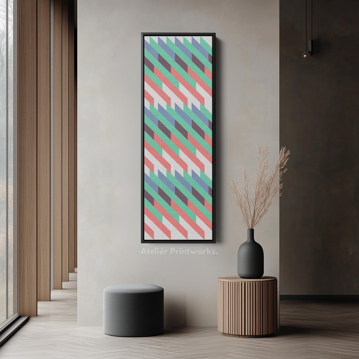 Retro Diagonal Stripes Vertical Framed Canvas Wall Art for Bedroom or Hallway
