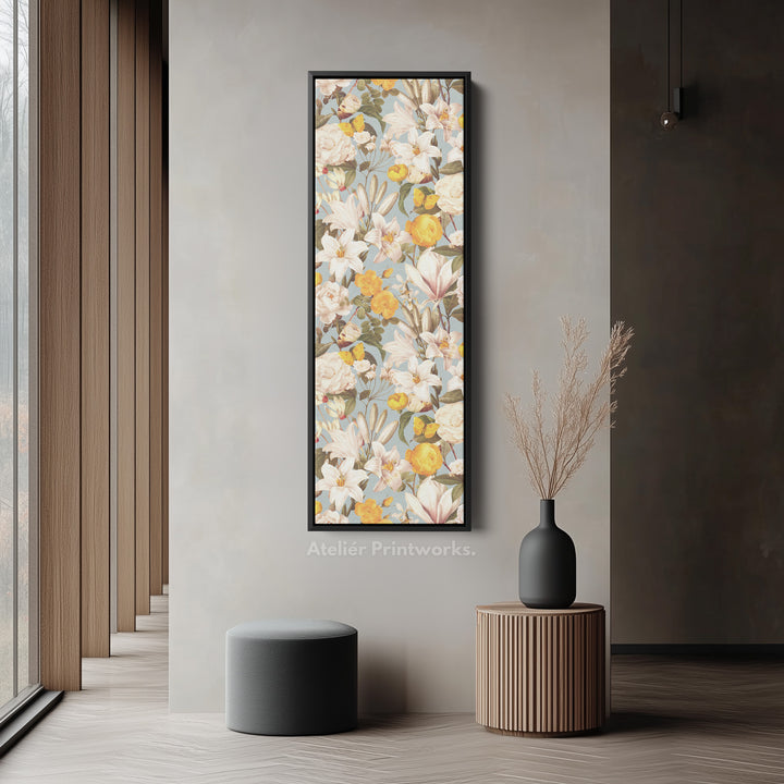 Long Vertical Canvas Yellow White Florals Narrow Wall Art For Kitchen