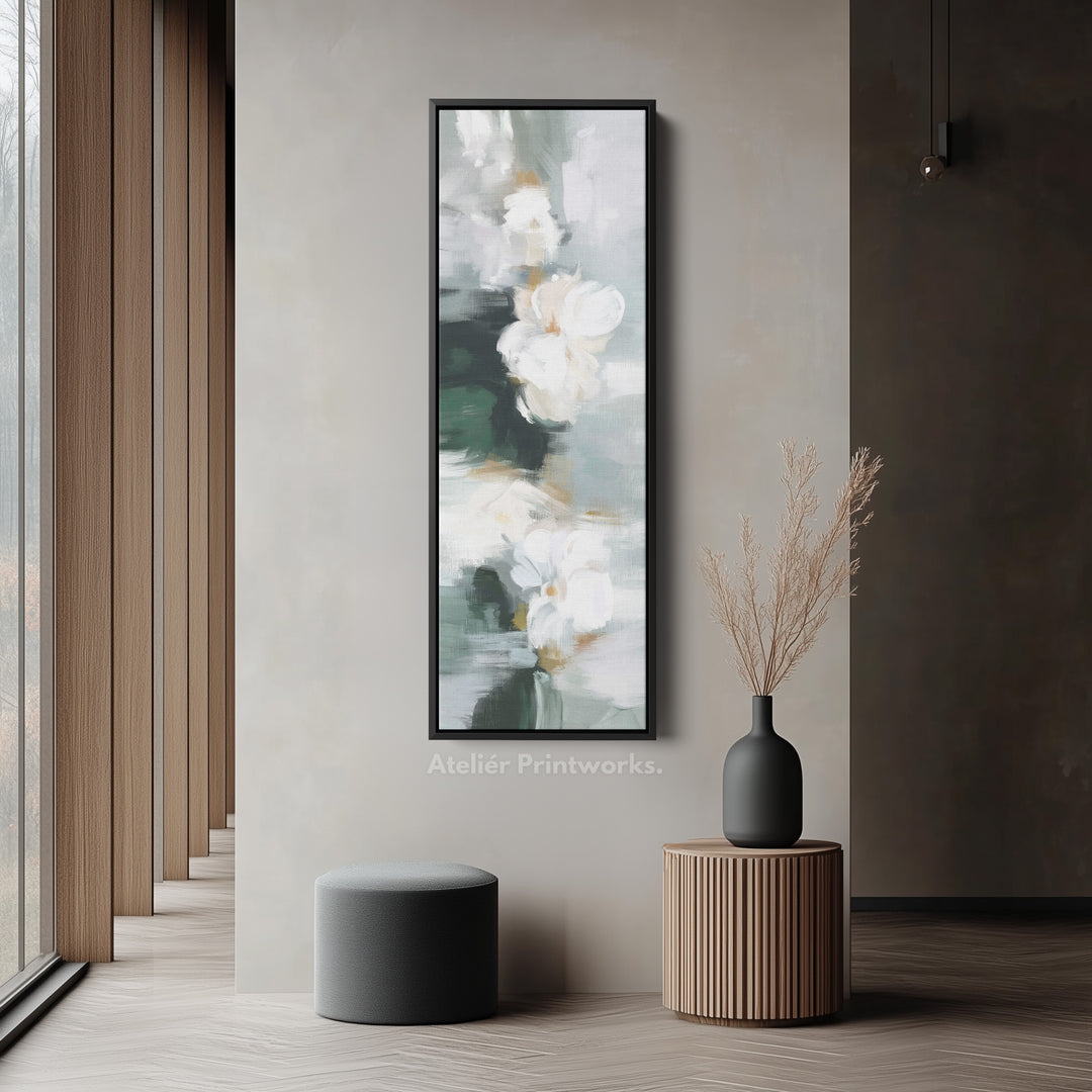 Vertical Wall Art White Floral On Deep Green For Bedroom Or Hallway