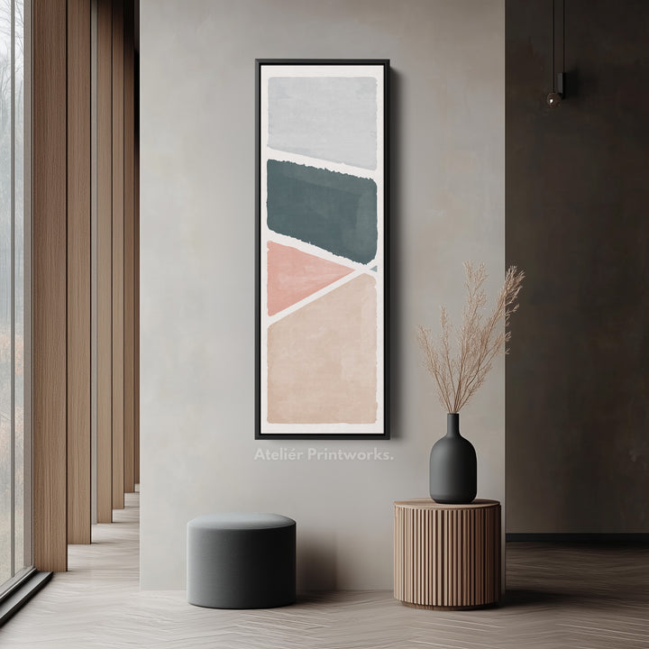 Vertical Framed Canvas Blue Grey Abstract With Modern Shapes