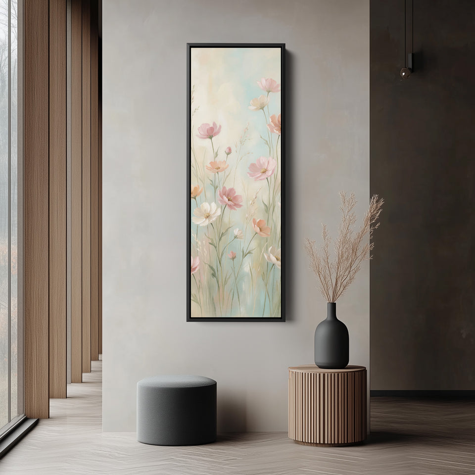 Long Wall Art Soft Pink Wildflowers Statement Wall Decor For Bedroom