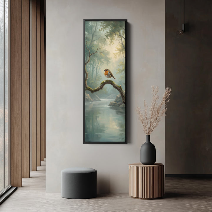 Robin On Branch Long Wall Art Vertical Canvas Print Hallway