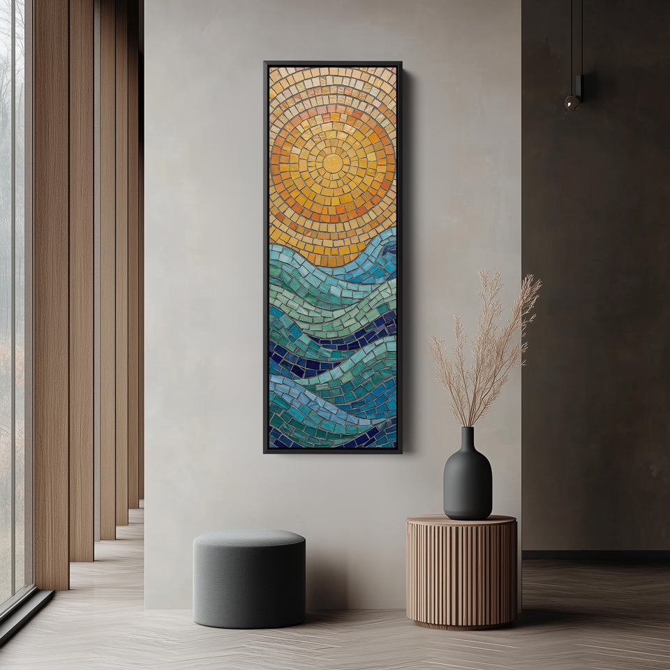 Mosaic Sun Over Sea Wide Framed Canvas Statement Wall Decor Office