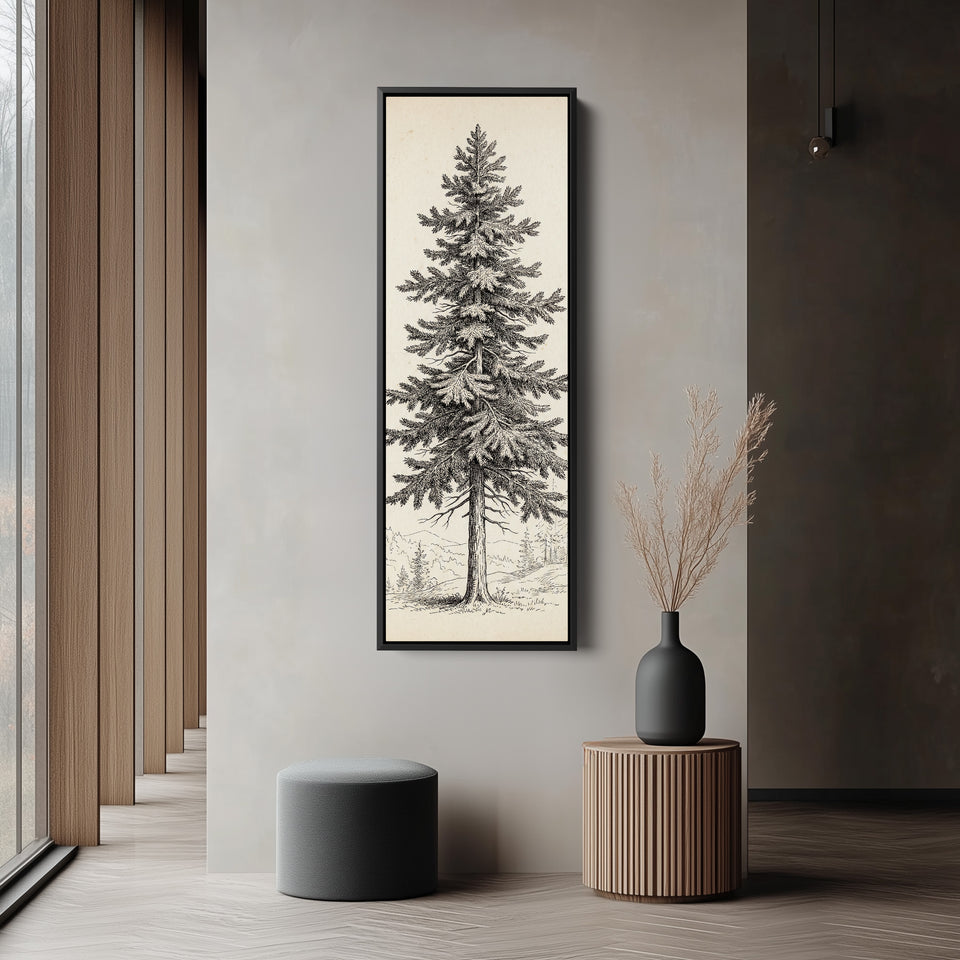 Vintage Pine Illustration Vertical Wall Art Wide Canvas Office