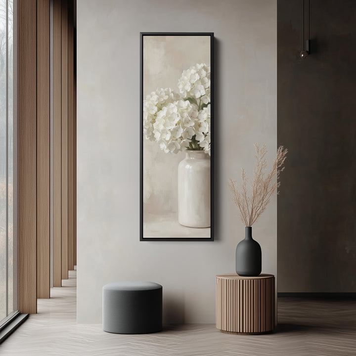 White Hydrangea Tall Wall Art Neutral Canvas Bedroom