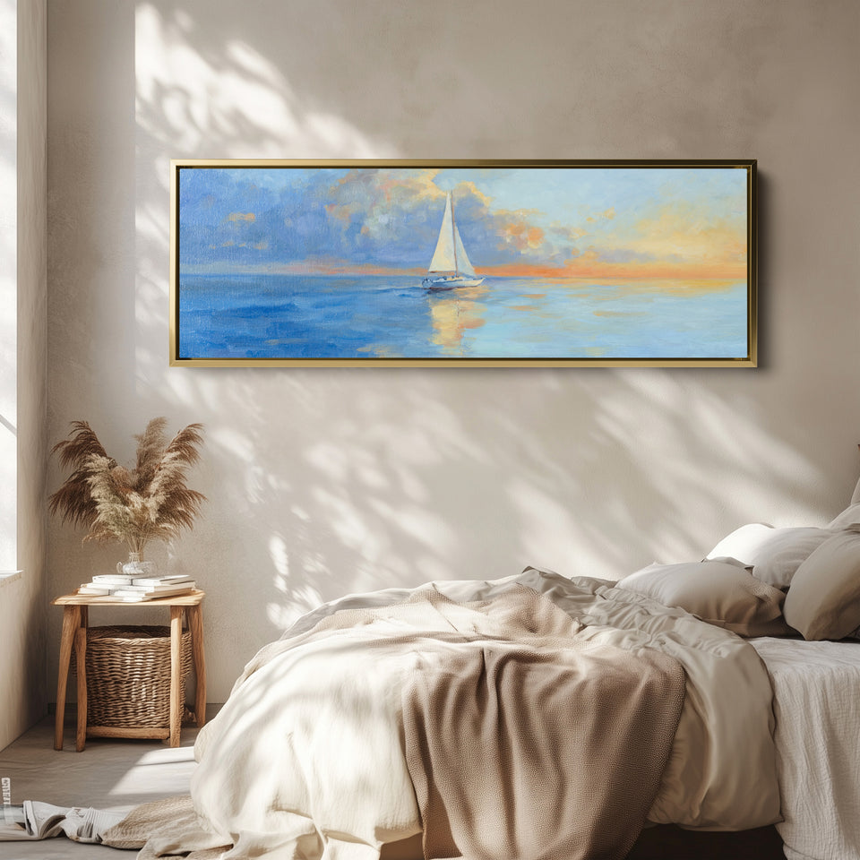 Long Horizontal Canvas Sailboat On Calm Sea For Bedroom Coastal Sunset Scene