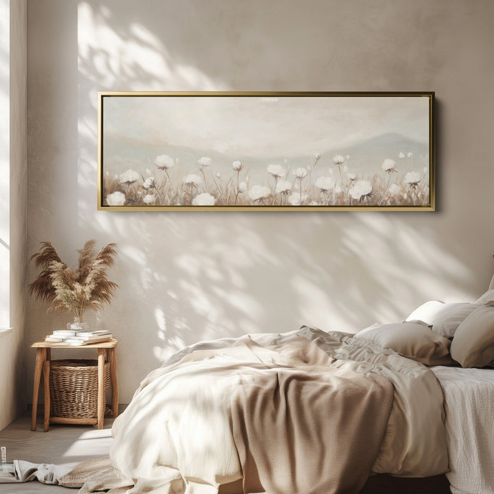 Extra Long Wall Art Soft White Wildflowers For Living Room Neutral Floral Scene
