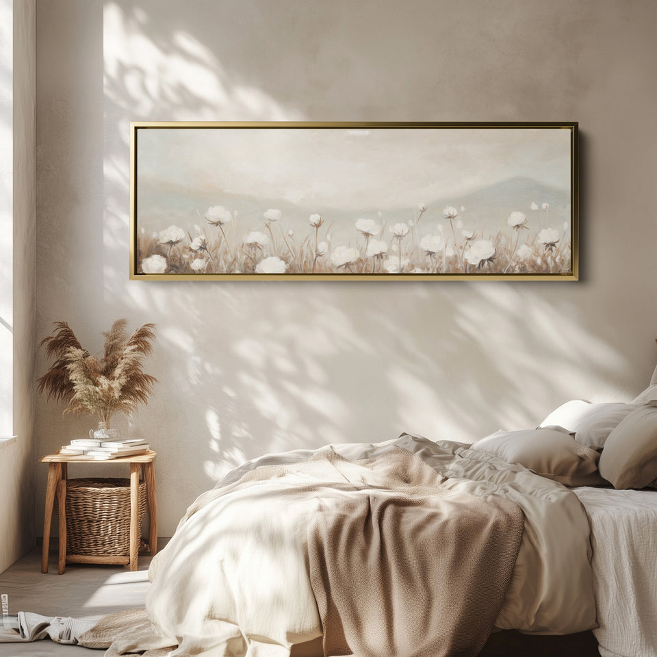 Extra Long Wall Art Soft White Wildflowers For Living Room Neutral Floral Scene