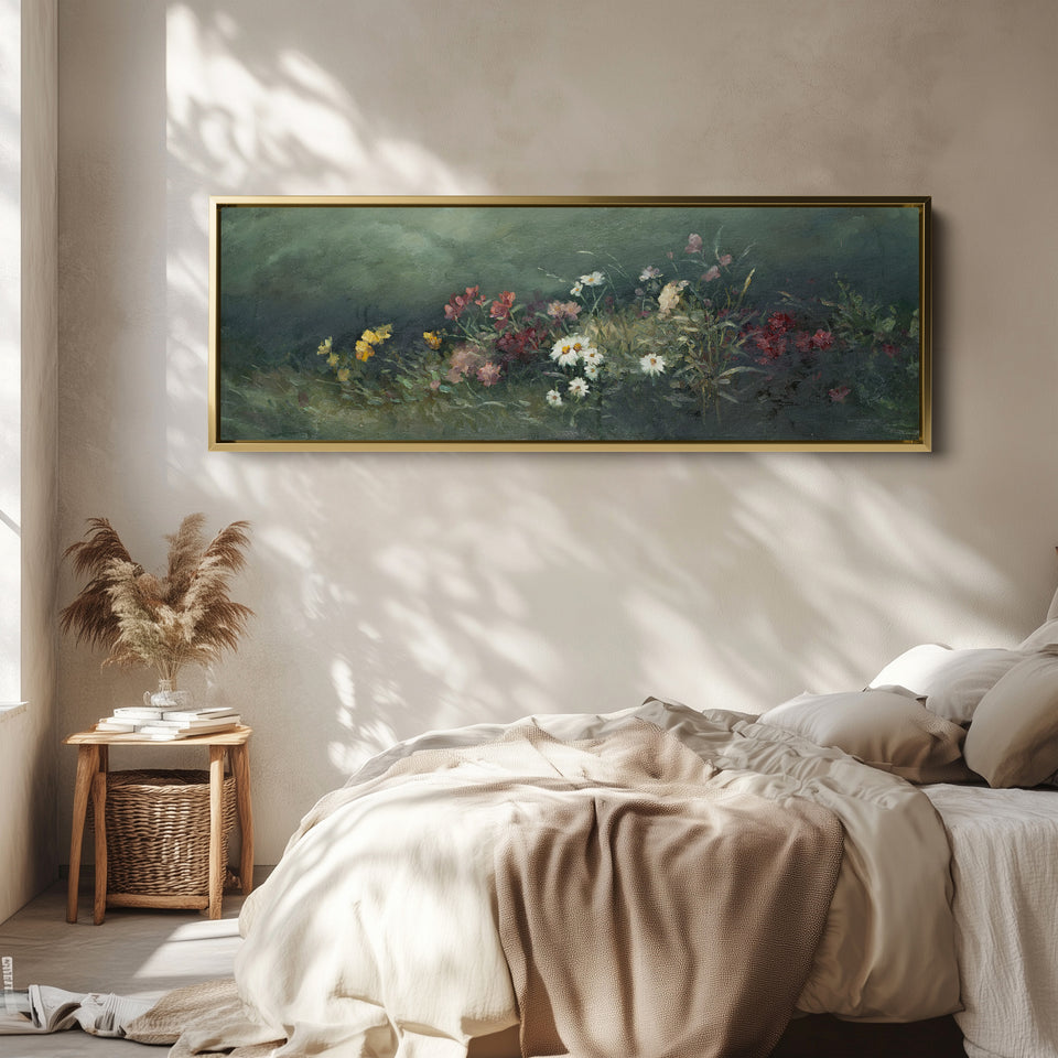 Wide Wall Art Moody Floral Garden For Living Room Dark Botanical Scene
